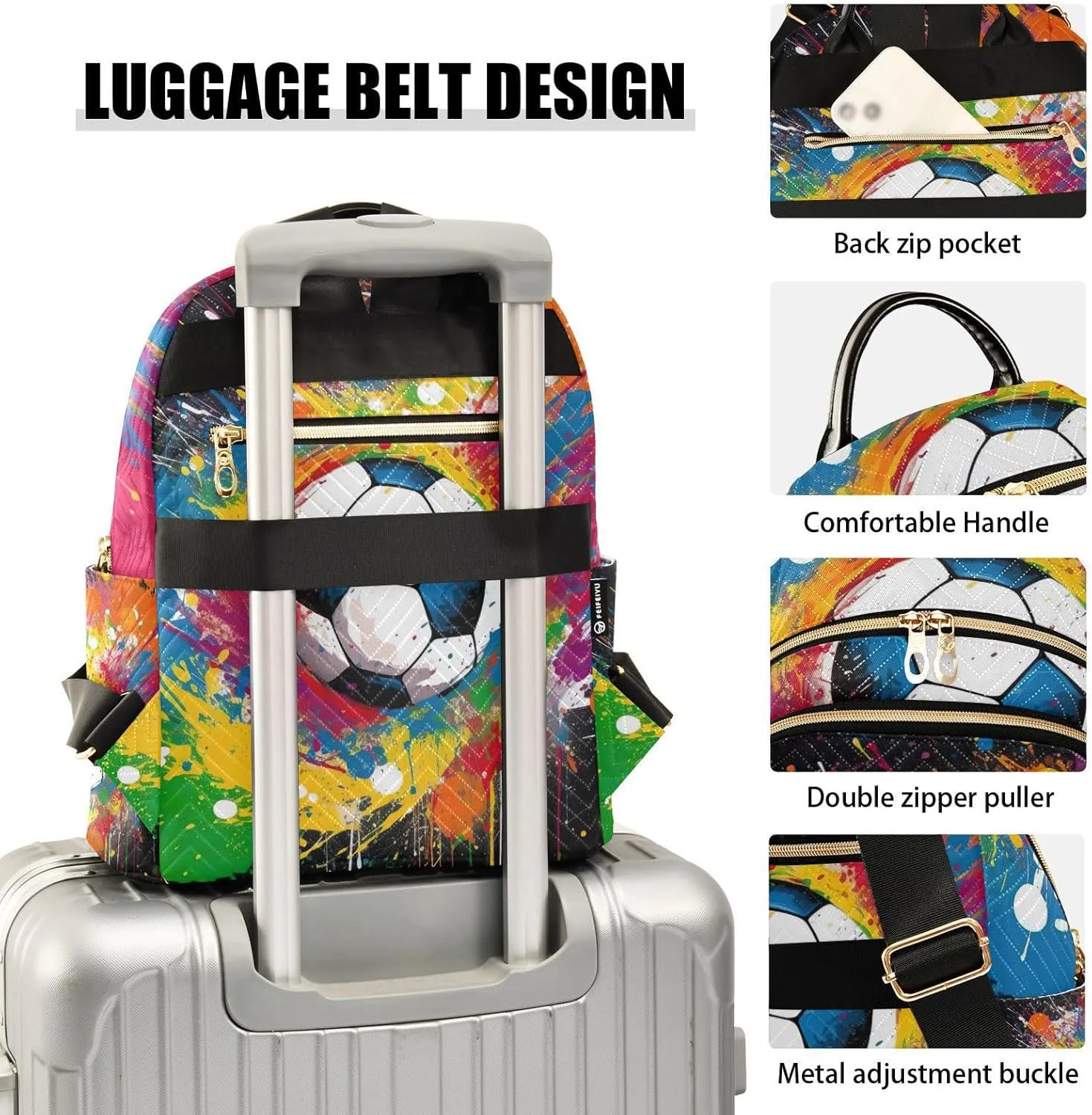 GAIGEO Rainbow Soccer Ball Fashionable Backpack, Womens Carry on Backpack, Fashionable Backpack for Women, M