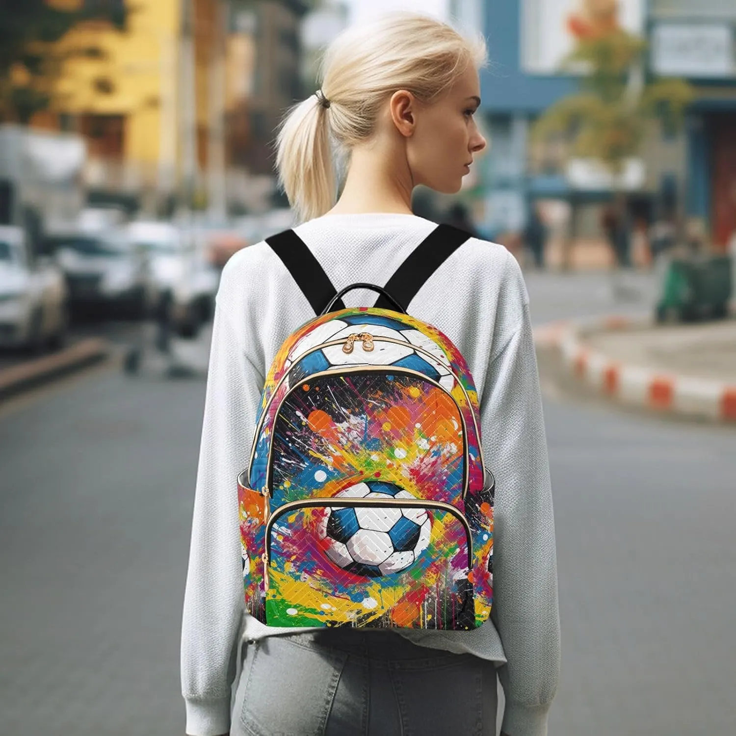 GAIGEO Rainbow Soccer Ball Fashionable Backpack, Womens Carry on Backpack, Fashionable Backpack for Women, M