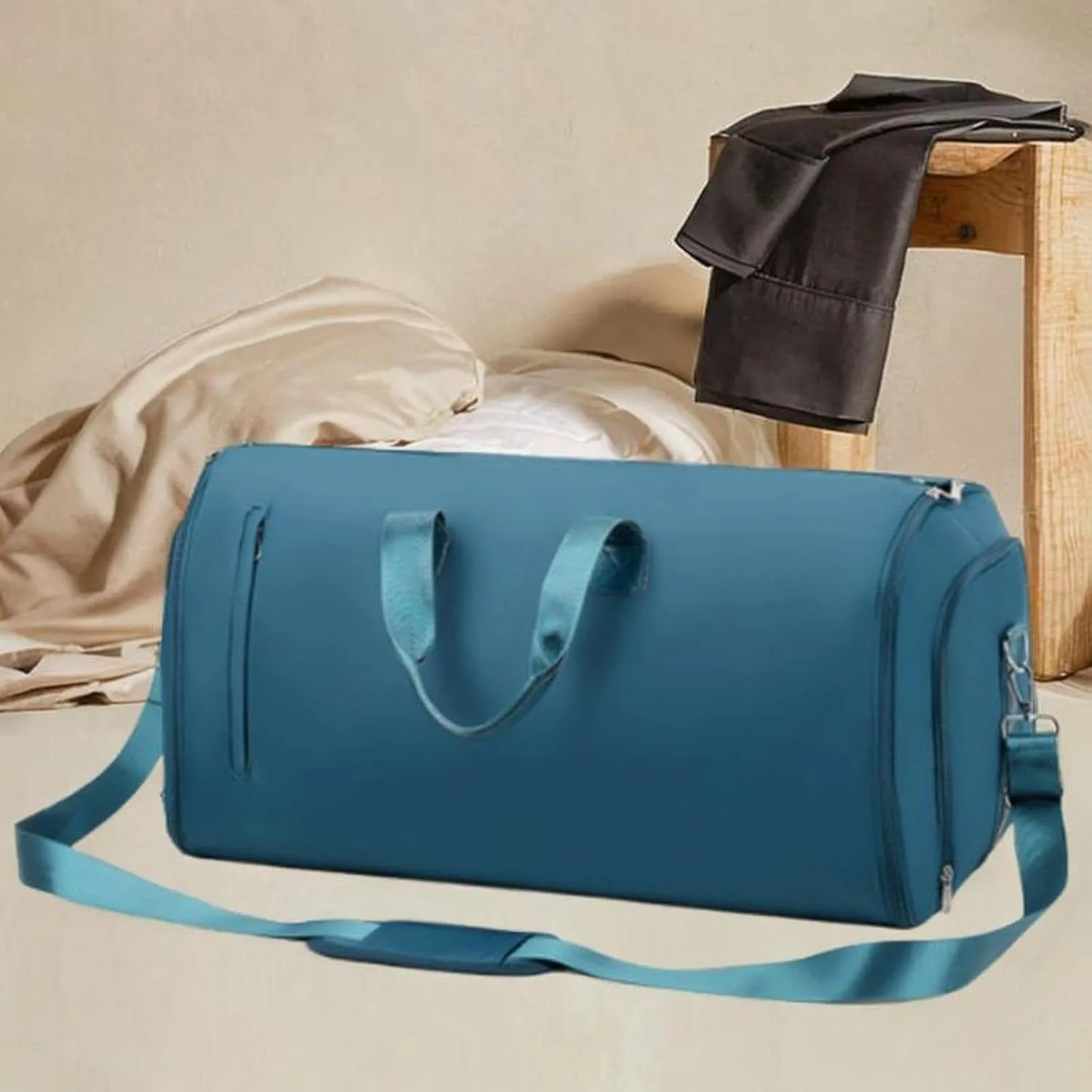 Garment Bag Weekender Bag Leather Duffle Bag for for Men Camping Hiking Outdoor, Blue