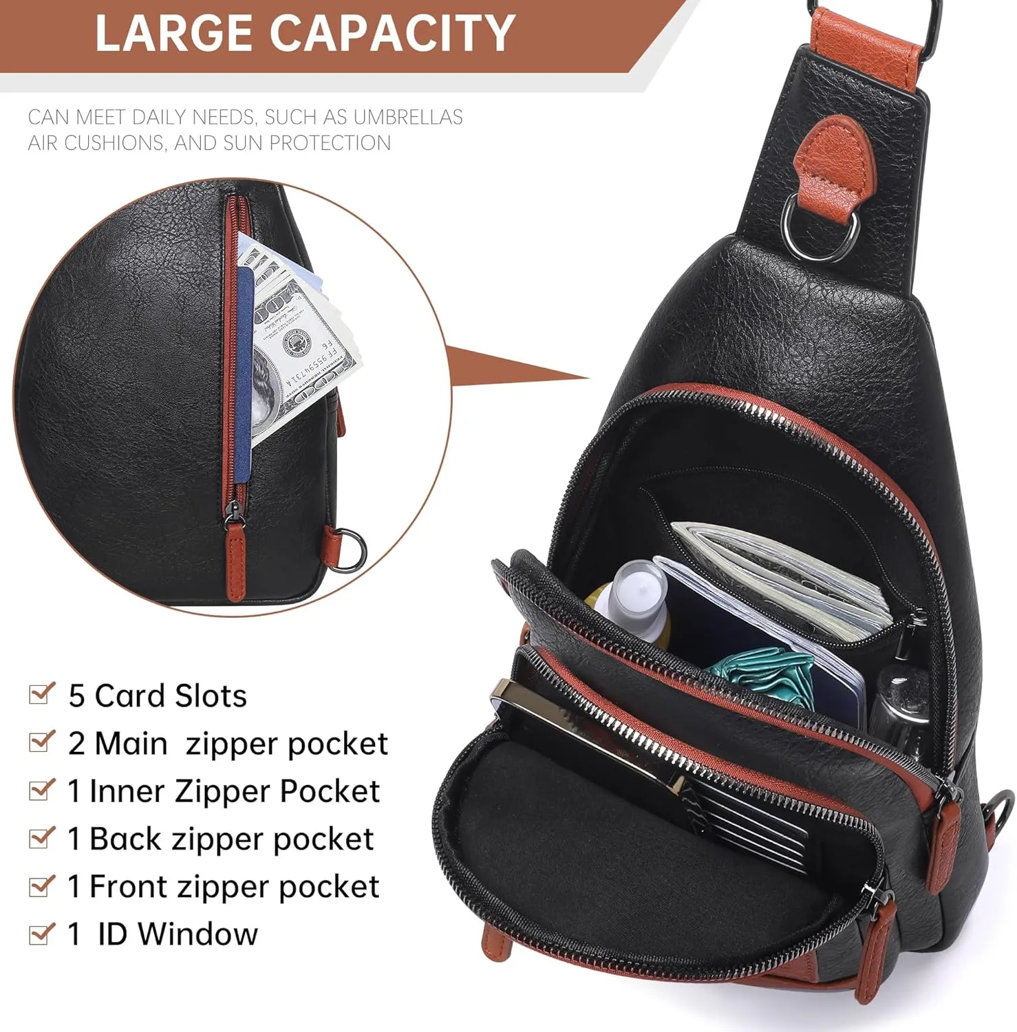 GEEAD Crossbody Sling Bags for Women Vegan Leather Fanny Pack Shoulder Bag Chest Bag Sling Backpack Small Travel Bag