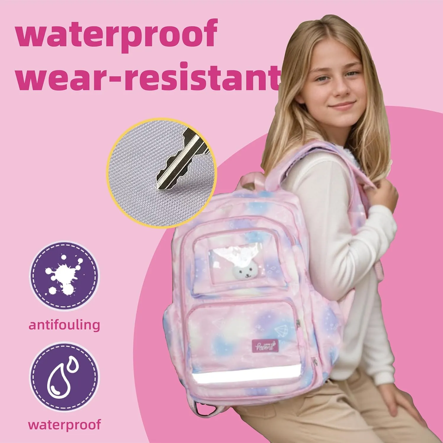Geerlaqaly backpack, cute 180 ° zipper backpack, 17 inches, daily travel, with lunch bag,pink