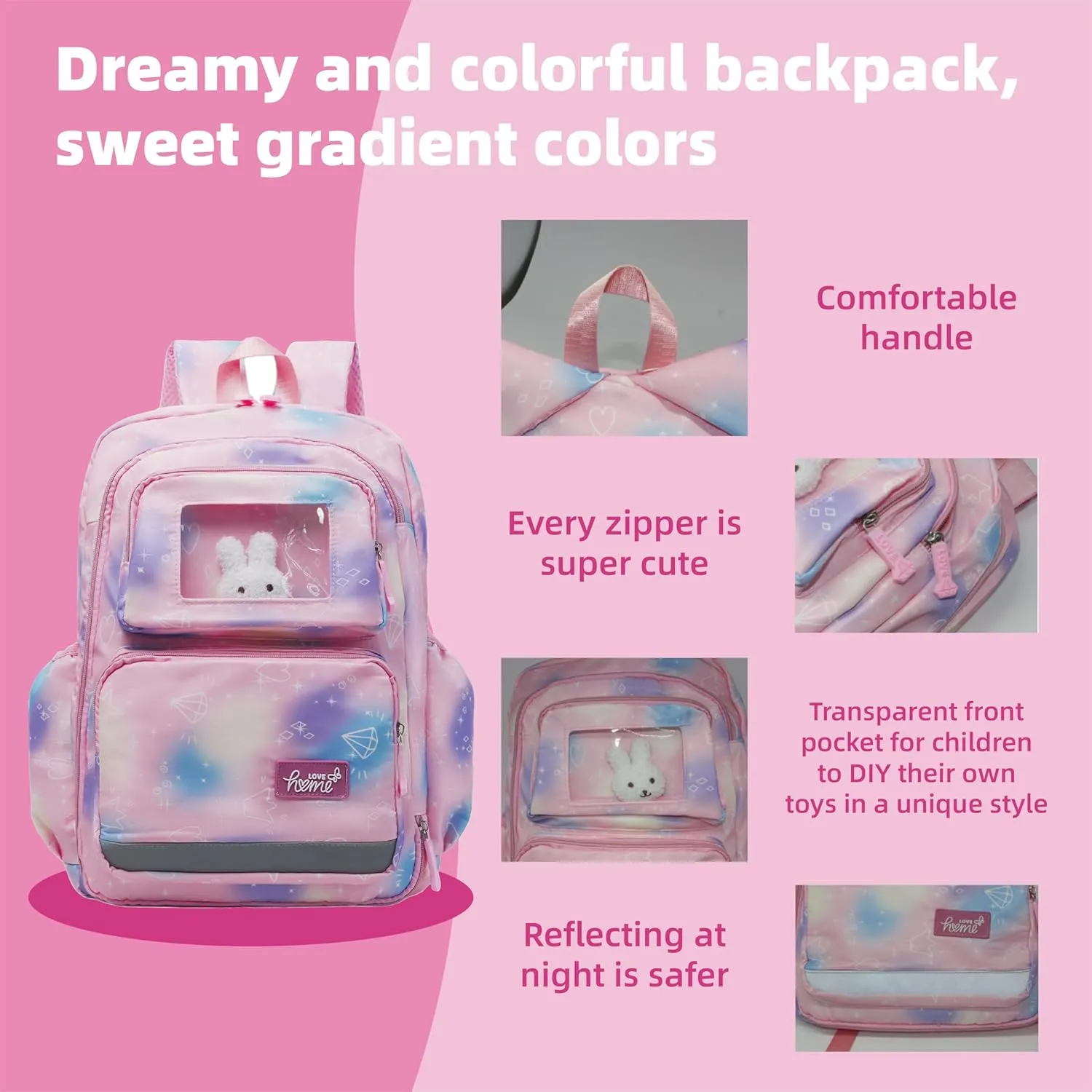 Geerlaqaly backpack, cute 180 ° zipper backpack, 17 inches, daily travel, with lunch bag,pink