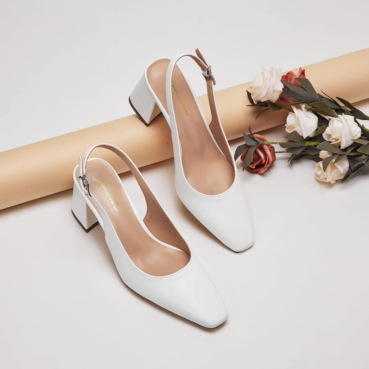 GENSHUO Slingback Heels for Women Pumps Square Closed Toe Low Chunky Block Heel Dress Pumps Comfortable Slip On Work Wedding Casual Office Shoes