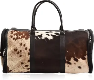 Genuine Cowhide Duffel Bag – Real Hair-On Leather Travel Luggage, Western Style Weekend Bag for Men & Women, Handmade (Brown & White)