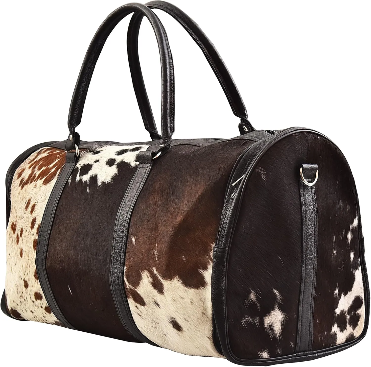 Genuine Cowhide Duffel Bag – Real Hair-On Leather Travel Luggage, Western Style Weekend Bag for Men & Women, Handmade (Brown & White)