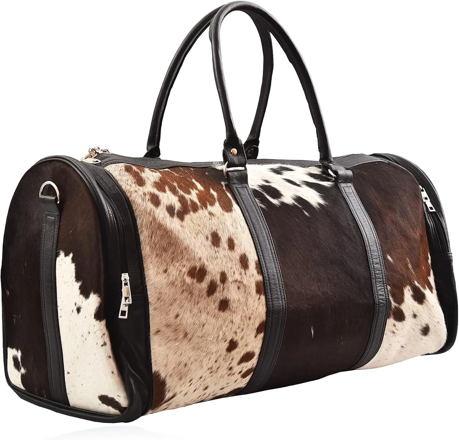 Genuine Cowhide Duffel Bag – Real Hair-On Leather Travel Luggage, Western Style Weekend Bag for Men & Women, Handmade (Brown & White)