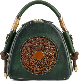 Genuine Leather Pocketbooks for Women, Retro Organizer Top Handle Satchel Totem Leather Handbag Ladies
