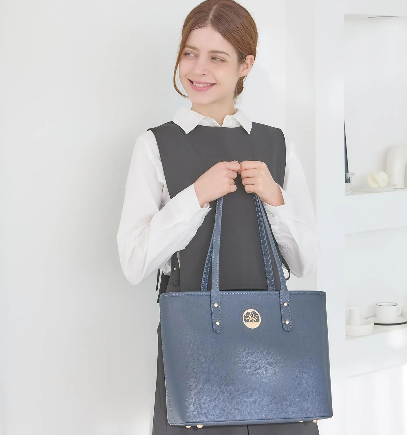 Genuine Leather Tote Bag for Women Shoulder Bag with Zipper Closure