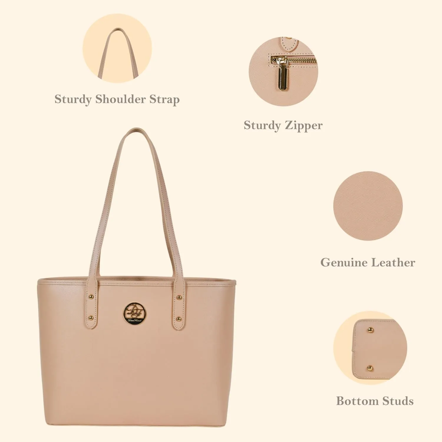 Genuine Leather Tote Bag for Women Shoulder Bag with Zipper Closure