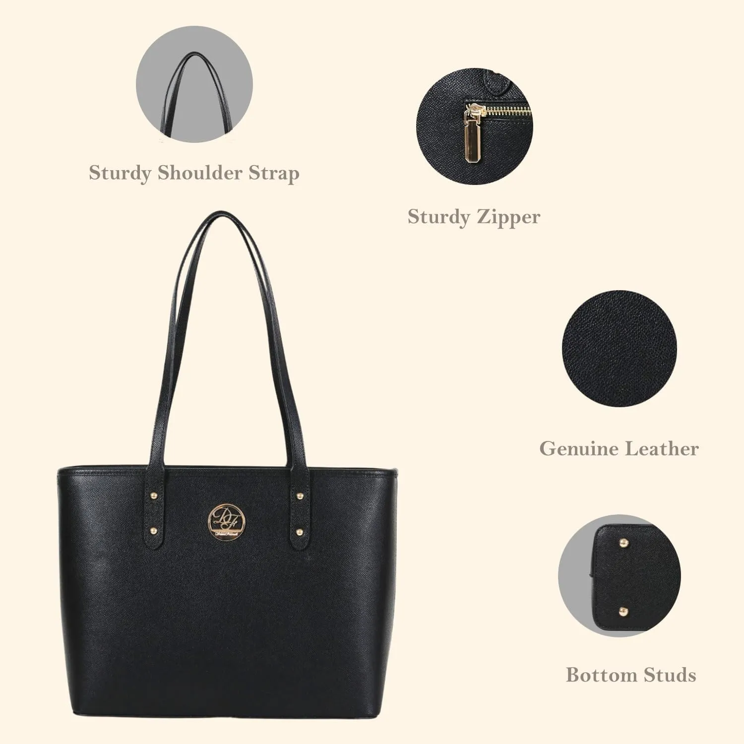 Genuine Leather Tote Bag for Women Shoulder Bag with Zipper Closure