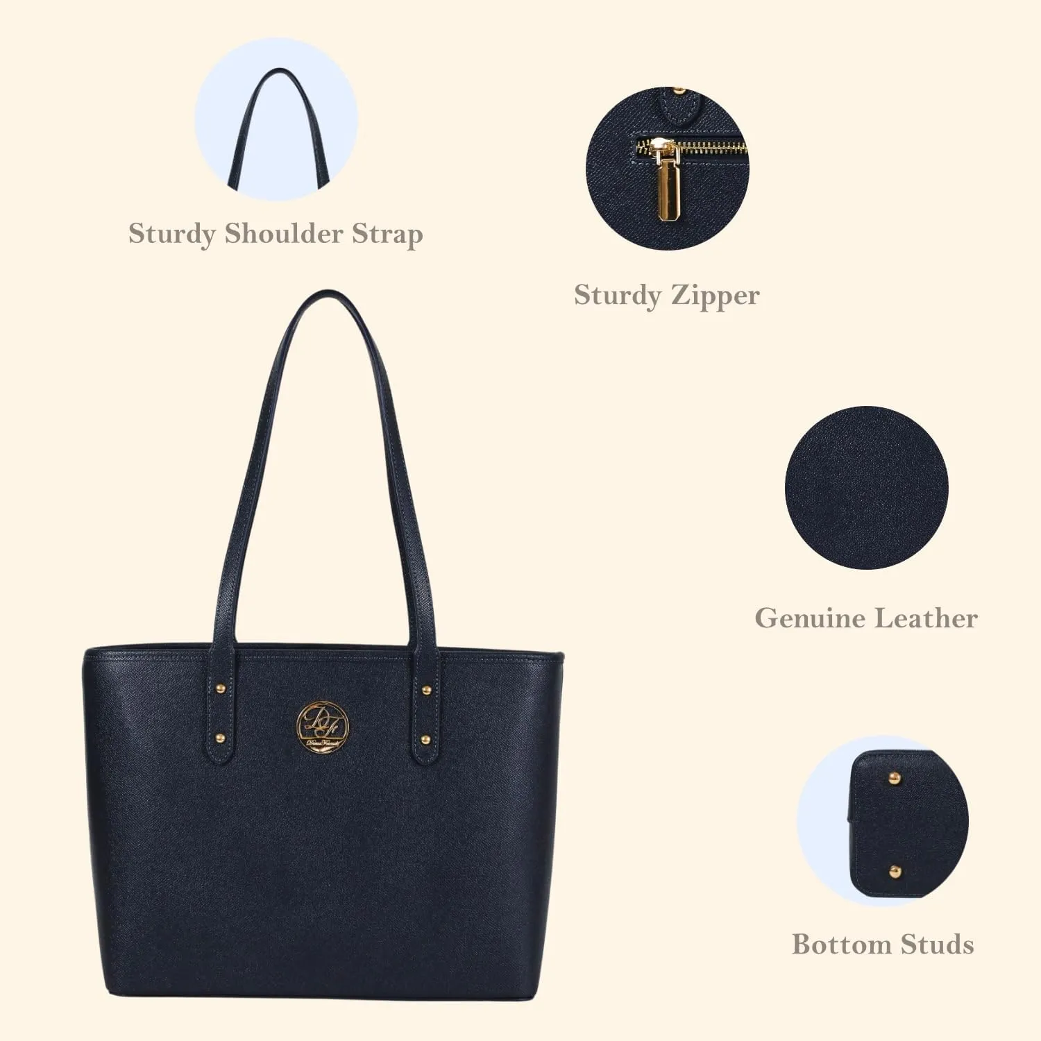 Genuine Leather Tote Bag for Women Shoulder Bag with Zipper Closure