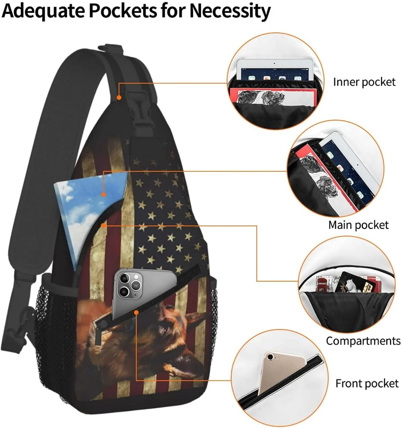 German Shepherd American Crossbody Backpack Dachshunds Dog Chest Bag Lightweight One Strap Backpack Multipurpose Travel Hiking For Men Women