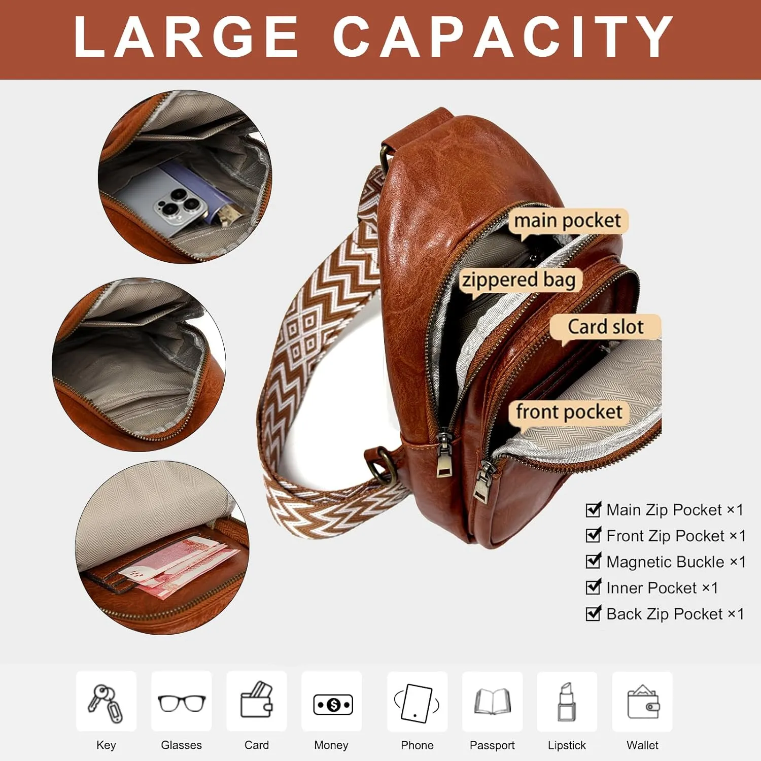 Gifts for Women Mom Christmas Gifts Birthday Small Sling Bag Leather Crossbody Fanny Packs Waist Pack for Traveling Brown