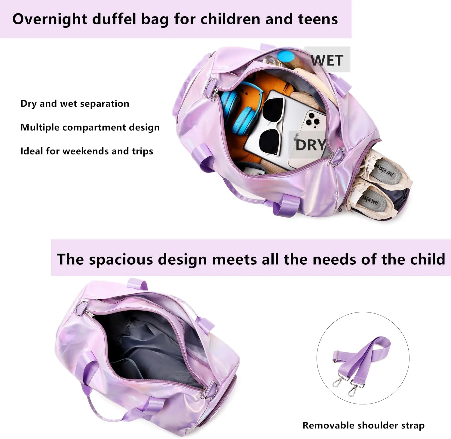 Girls Sports Duffel Bags Woman Travel Bag Overnight Duffle Bag Kids Sports Gym Bag With Shoe Compartment Wet Pocket (Matte Purple)