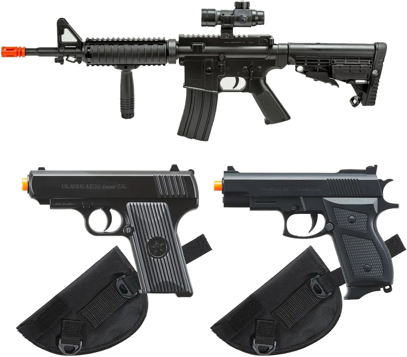 GoldenBall Airsoft M16A1 Spring-Powered Rifle and Dual Pistols (Scope, Grip, Laser & Flashlight) Starter Kit with 2X Holster (Black)