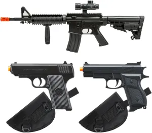 GoldenBall Airsoft M16A1 Spring-Powered Rifle and Dual Pistols (Scope, Grip, Laser & Flashlight) Starter Kit with 2X Holster (Black)