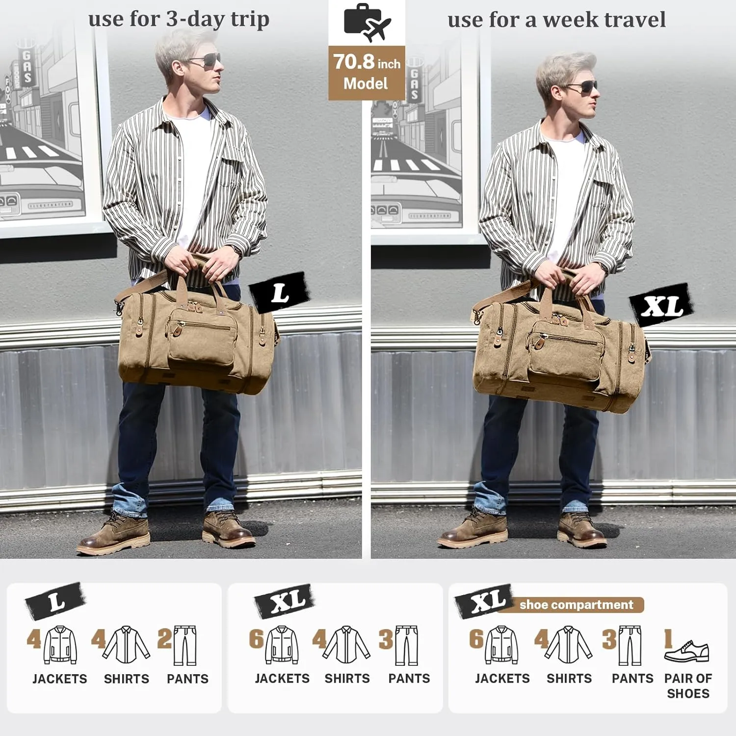 Gonex Canvas Duffle Bag for Travel 60L Duffel Overnight Weekend Bag(Coffee)
