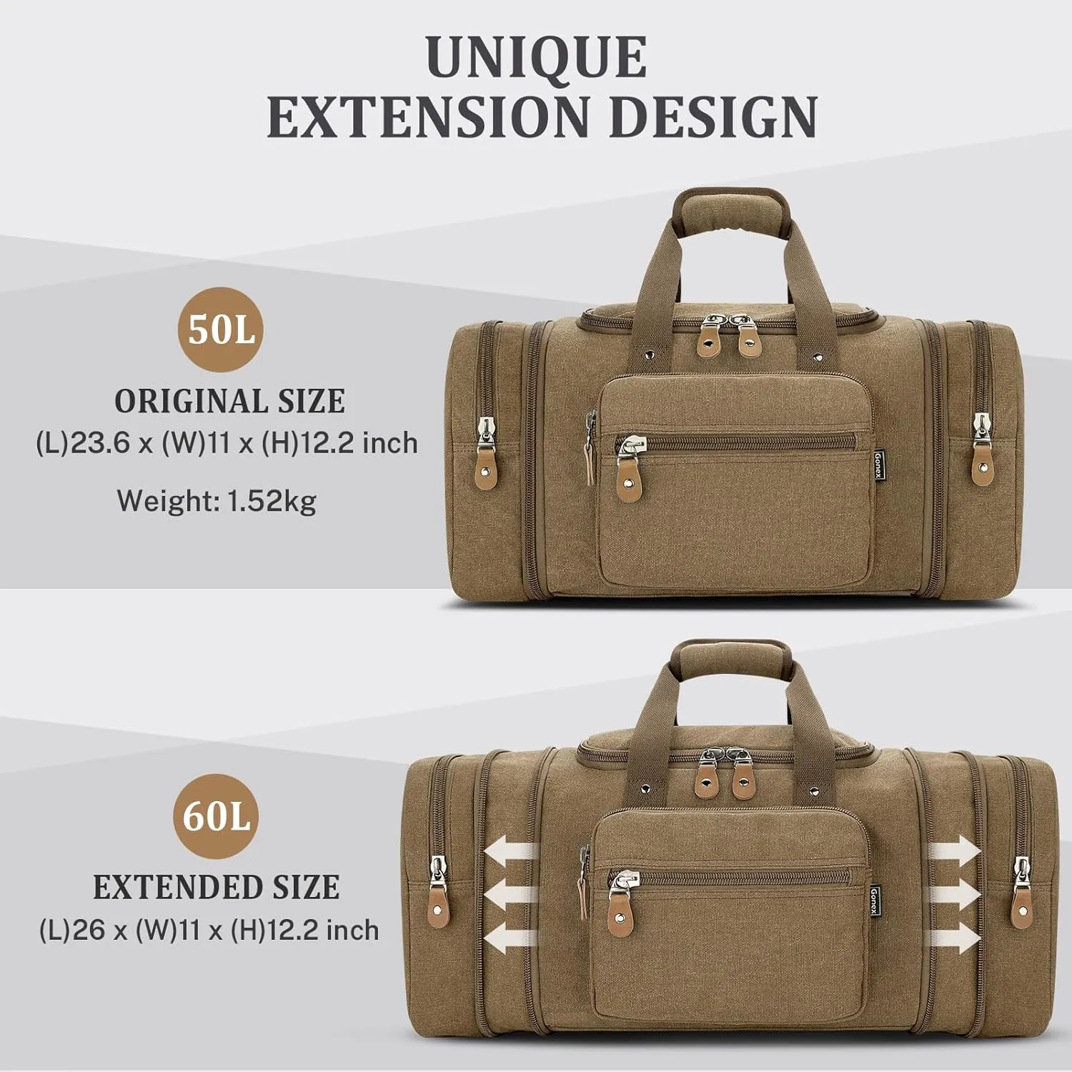 Gonex Canvas Duffle Bag for Travel 60L Duffel Overnight Weekend Bag(Coffee)