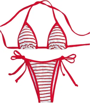 GORGLITTER Women's 2 Piece Striped Swimsuits High Cut Tie Side Halter Triangle Sling Bikini Set Swimwear