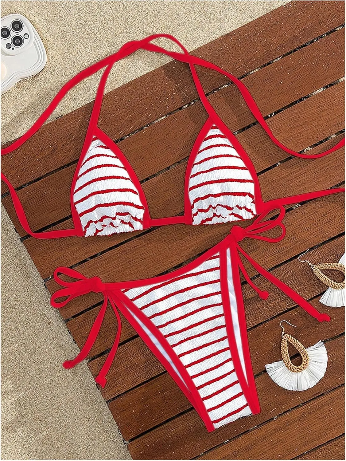 GORGLITTER Women's 2 Piece Striped Swimsuits High Cut Tie Side Halter Triangle Sling Bikini Set Swimwear