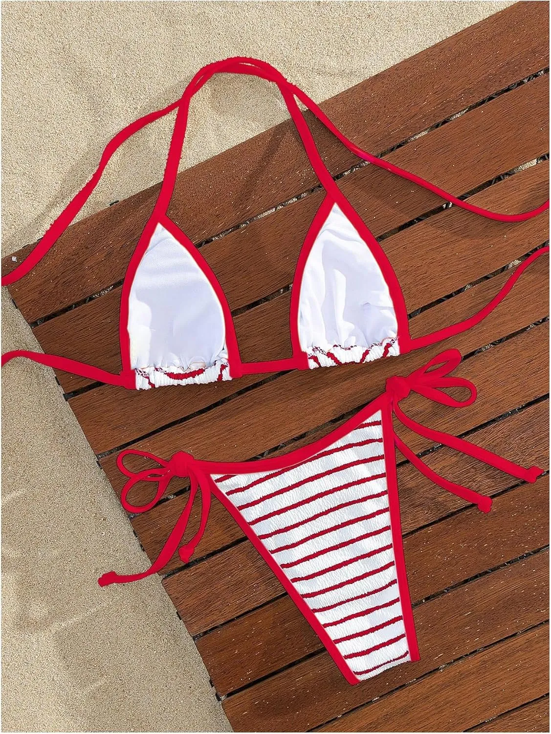 GORGLITTER Women's 2 Piece Striped Swimsuits High Cut Tie Side Halter Triangle Sling Bikini Set Swimwear