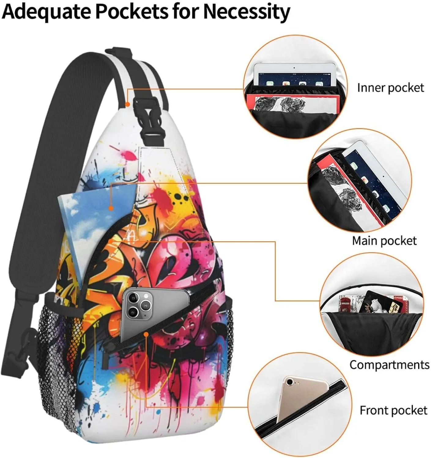 Graffiti Art Crossbody Sling Bag For Women Men Adjustable Lightweight Chest Bag Shoulder Bag Sling Backpack Casual Daypack For Sport Travel Hiking