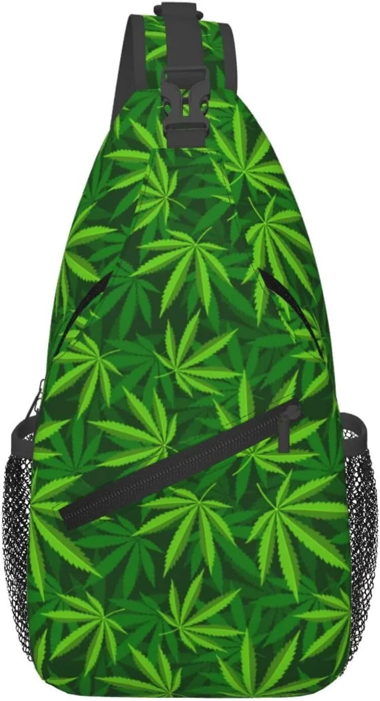 Green Weed Sling Backpack Crossbody Sling Bag Chest Bag Daypack Fanny Pack Cross Body Bag For Outdoors Hiking Traveling pattern-52