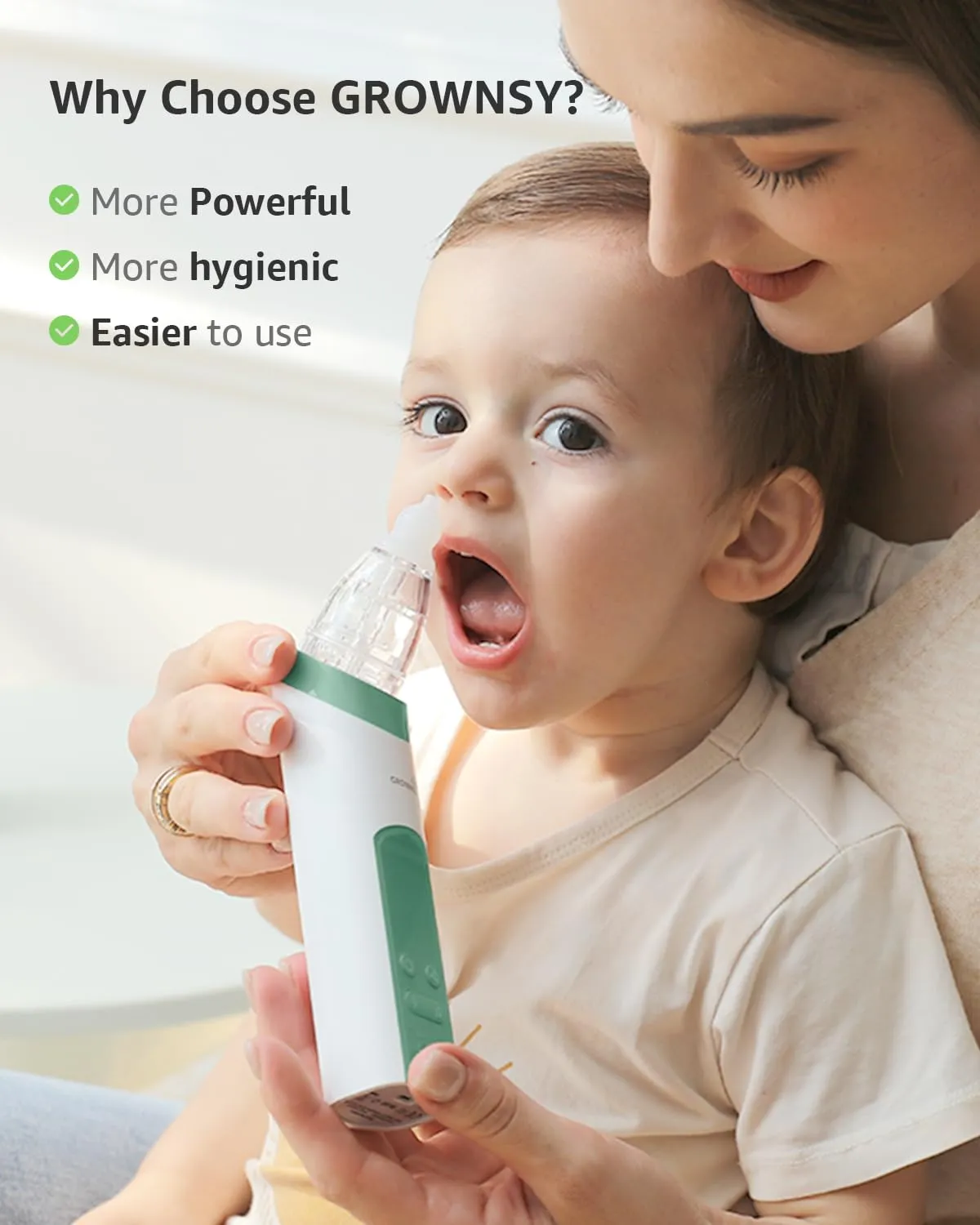 GROWNSY Nasal Aspirator for Baby, Electric Nose Aspirator for Toddler, Baby Nose Sucker, Automatic Nose Cleaner with 3 Silicone Tips, Adjustable Suctions, Music and Light Soothing Function (Green)