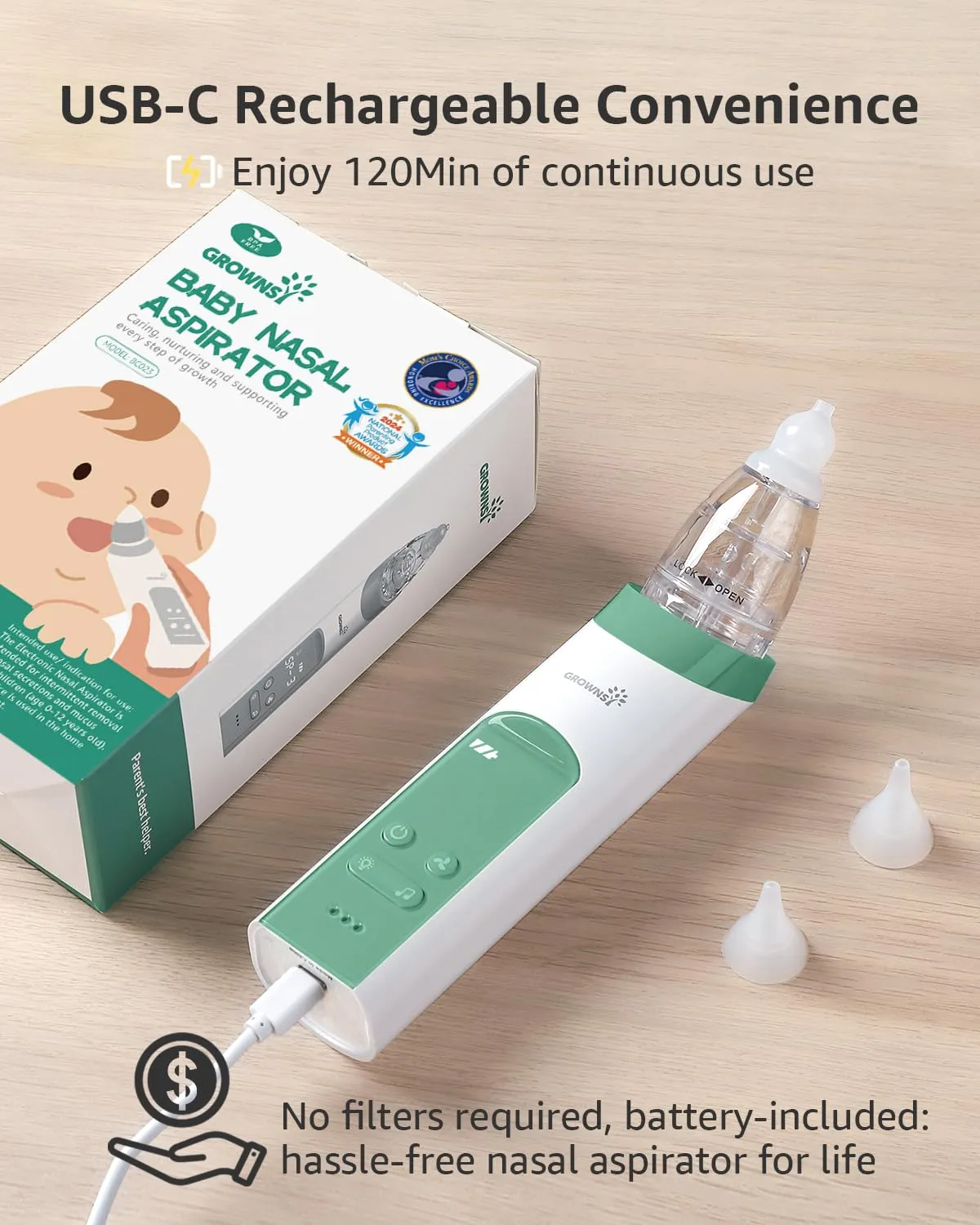 GROWNSY Nasal Aspirator for Baby, Electric Nose Aspirator for Toddler, Baby Nose Sucker, Automatic Nose Cleaner with 3 Silicone Tips, Adjustable Suctions, Music and Light Soothing Function (Green)
