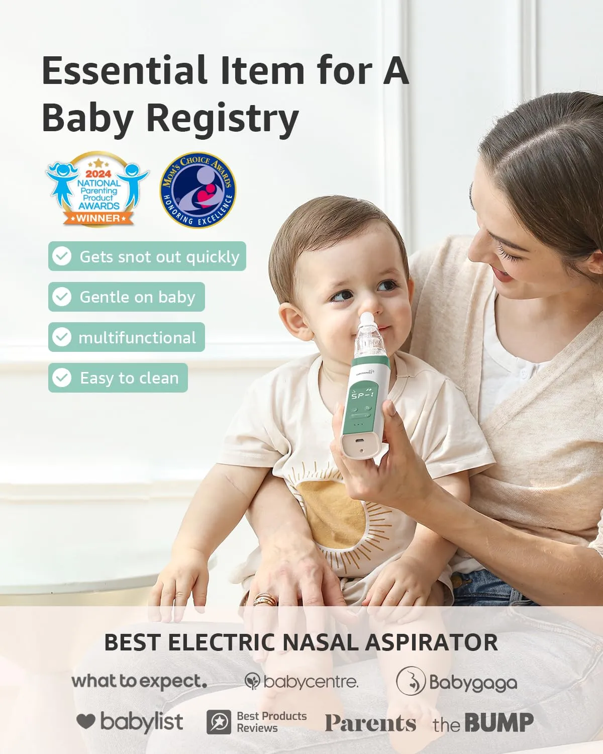 GROWNSY Nasal Aspirator for Baby, Electric Nose Aspirator for Toddler, Baby Nose Sucker, Automatic Nose Cleaner with 3 Silicone Tips, Adjustable Suctions, Music and Light Soothing Function (Green)
