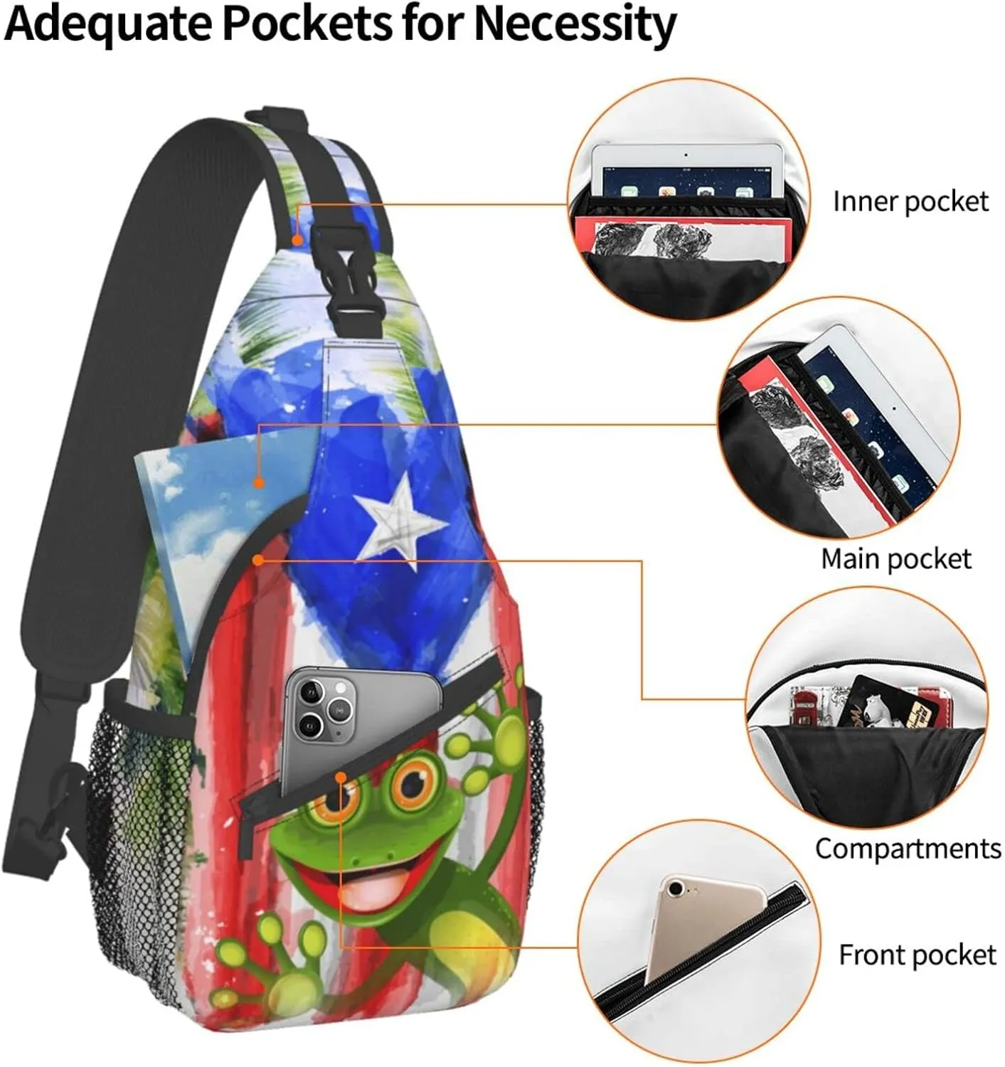 GTEVUTS Puerto Rico Flag Frog Crossbody Bags for Women Men,Vintage Casual Sling Bag Chest Bag Abstract Shoulder Bag Travel Hiking Cycling Gym Sport Daypack Adult Backpack