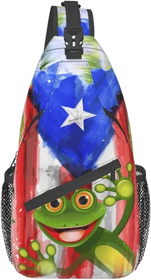 GTEVUTS Puerto Rico Flag Frog Crossbody Bags for Women Men,Vintage Casual Sling Bag Chest Bag Abstract Shoulder Bag Travel Hiking Cycling Gym Sport Daypack Adult Backpack