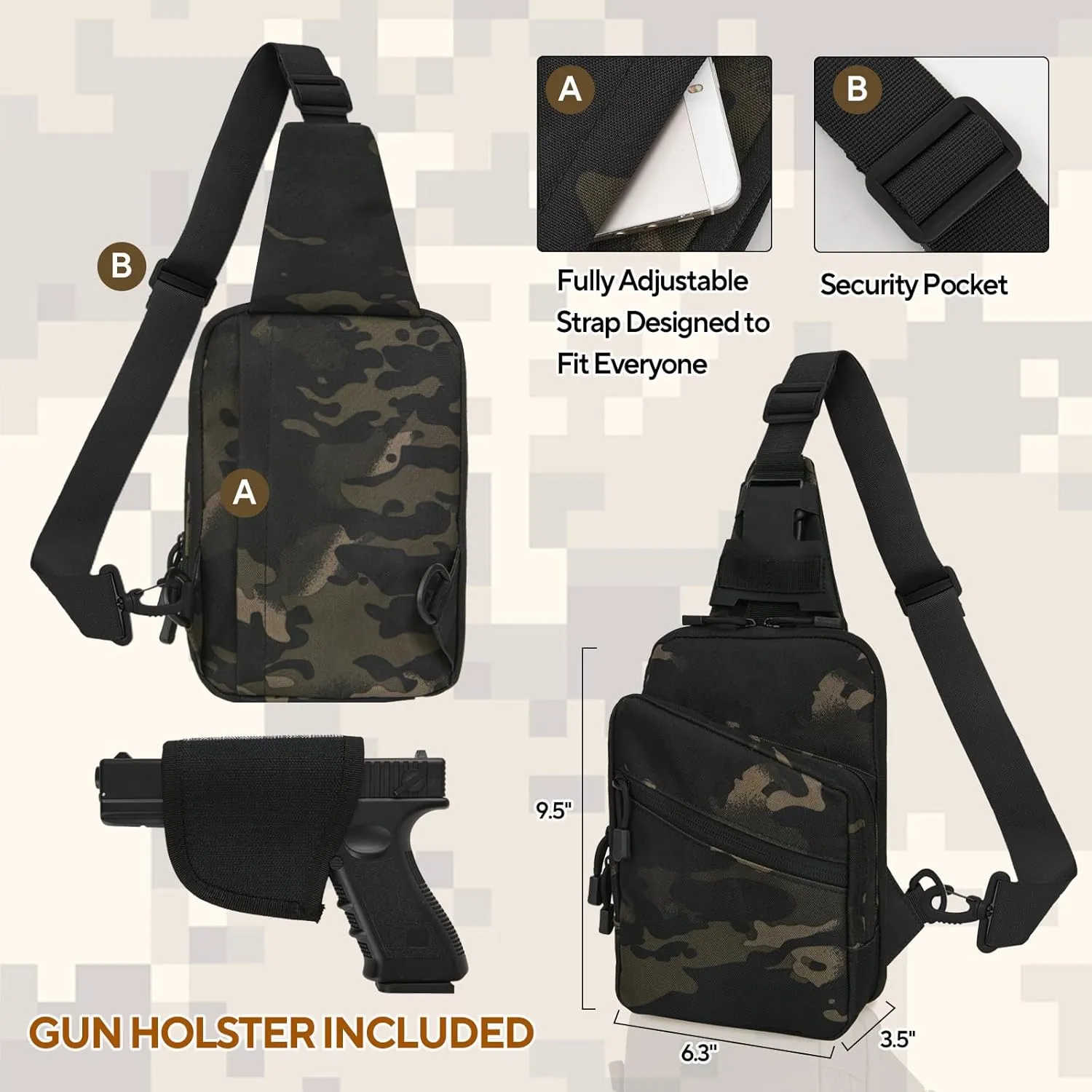 Gun Sling Bag, Concealed Carry Crossbody Pack CCW Sling Bag Durable EDC Shoulder Bag for Handgun with Holster