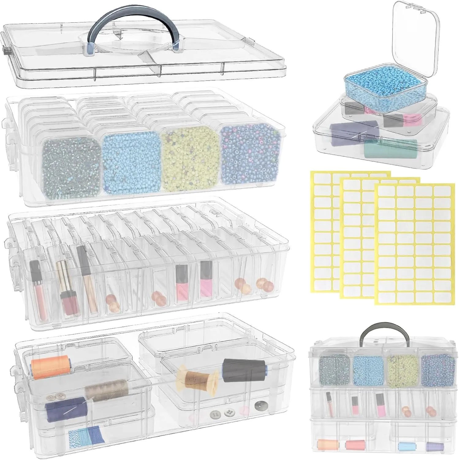 Guyuyii Bead Organizer – 3-Tier Stackable Bead Storage with 58 Clear Containers for Beads, Jewelry, Craft Supplies, Sewing, and Small Items – Portable Organizer for Crafters, Parents, and Travel Use