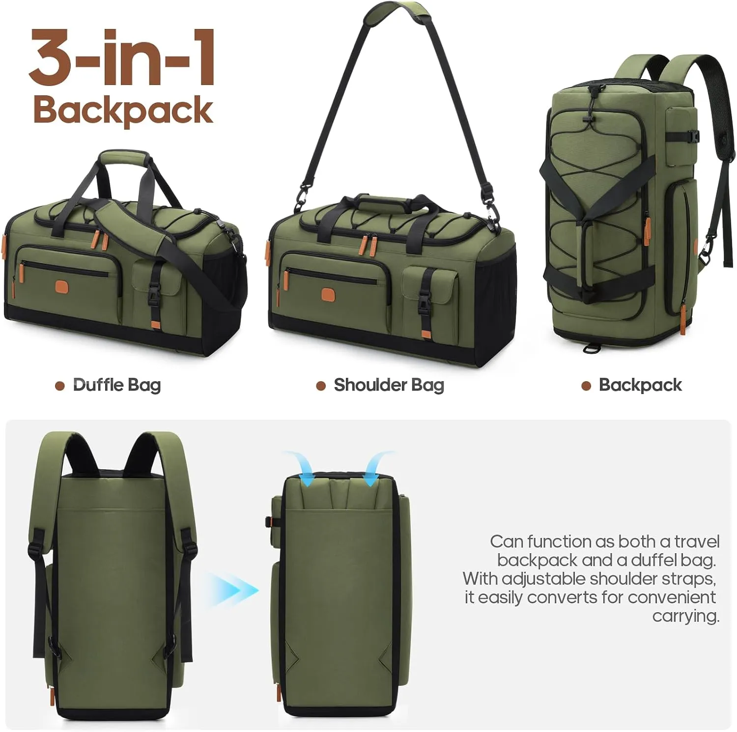 Gym Bag for Men and Women with Shoe & Laptop Compartment, 3-in-1 Sports Travel Duffel Bag Anti-Theft Weekender Carry-On Backpack for Airplane & Workout, Overnight Travel Bag,35L (Green, Medium)