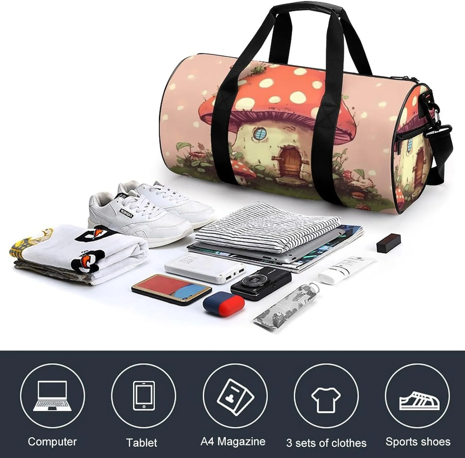 Gym Bag for Men Women Cute Mushroom House Duffel Bag Overnight Bag with Compartment Gym Sackpac