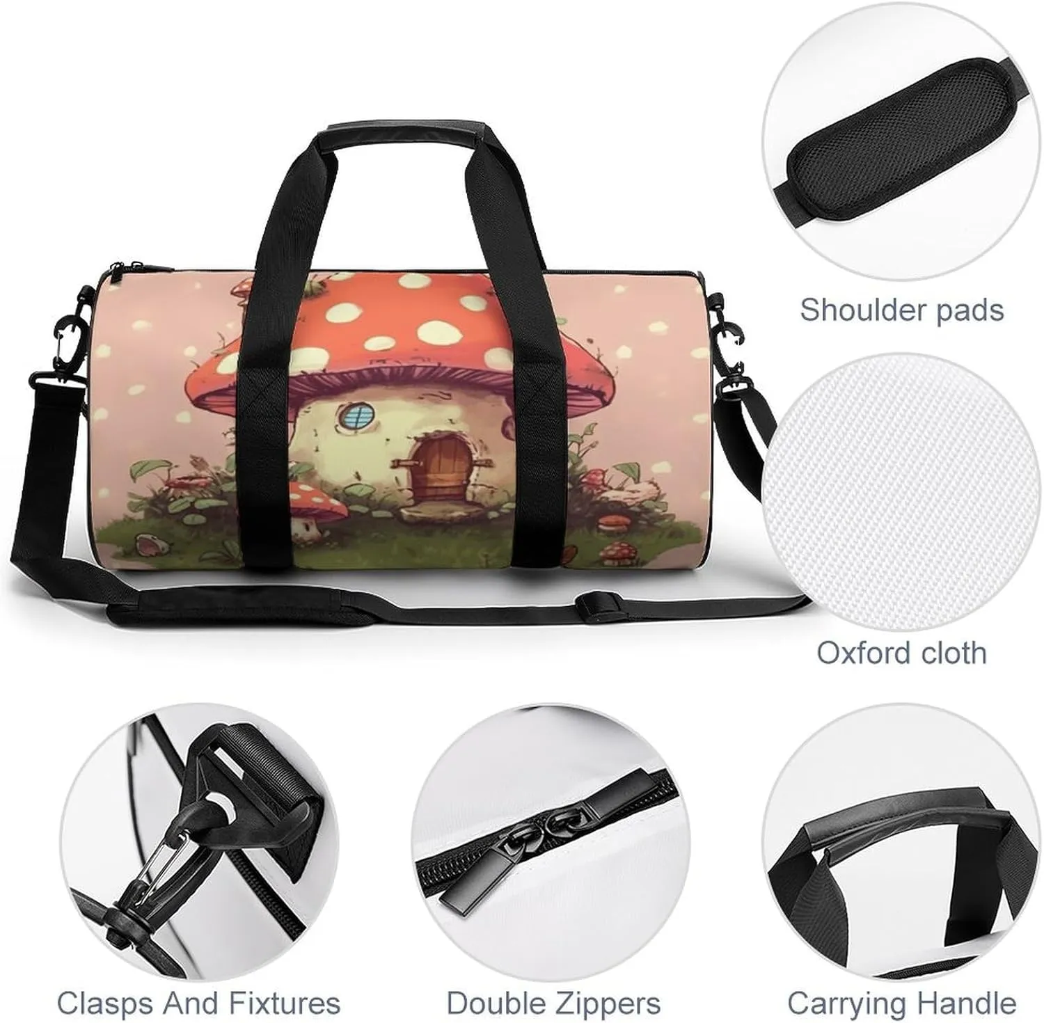 Gym Bag for Men Women Cute Mushroom House Duffel Bag Overnight Bag with Compartment Gym Sackpac