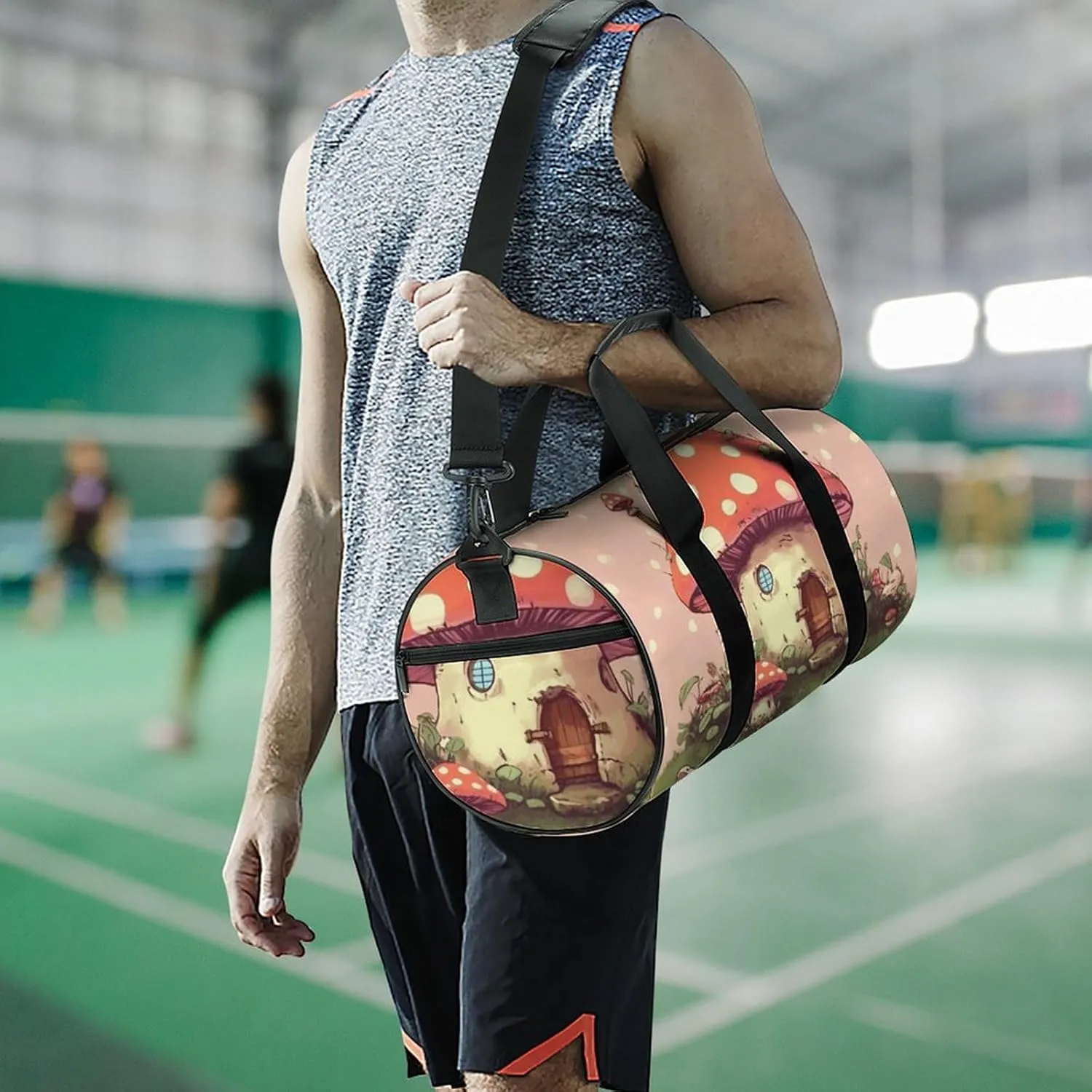 Gym Bag for Men Women Cute Mushroom House Duffel Bag Overnight Bag with Compartment Gym Sackpac
