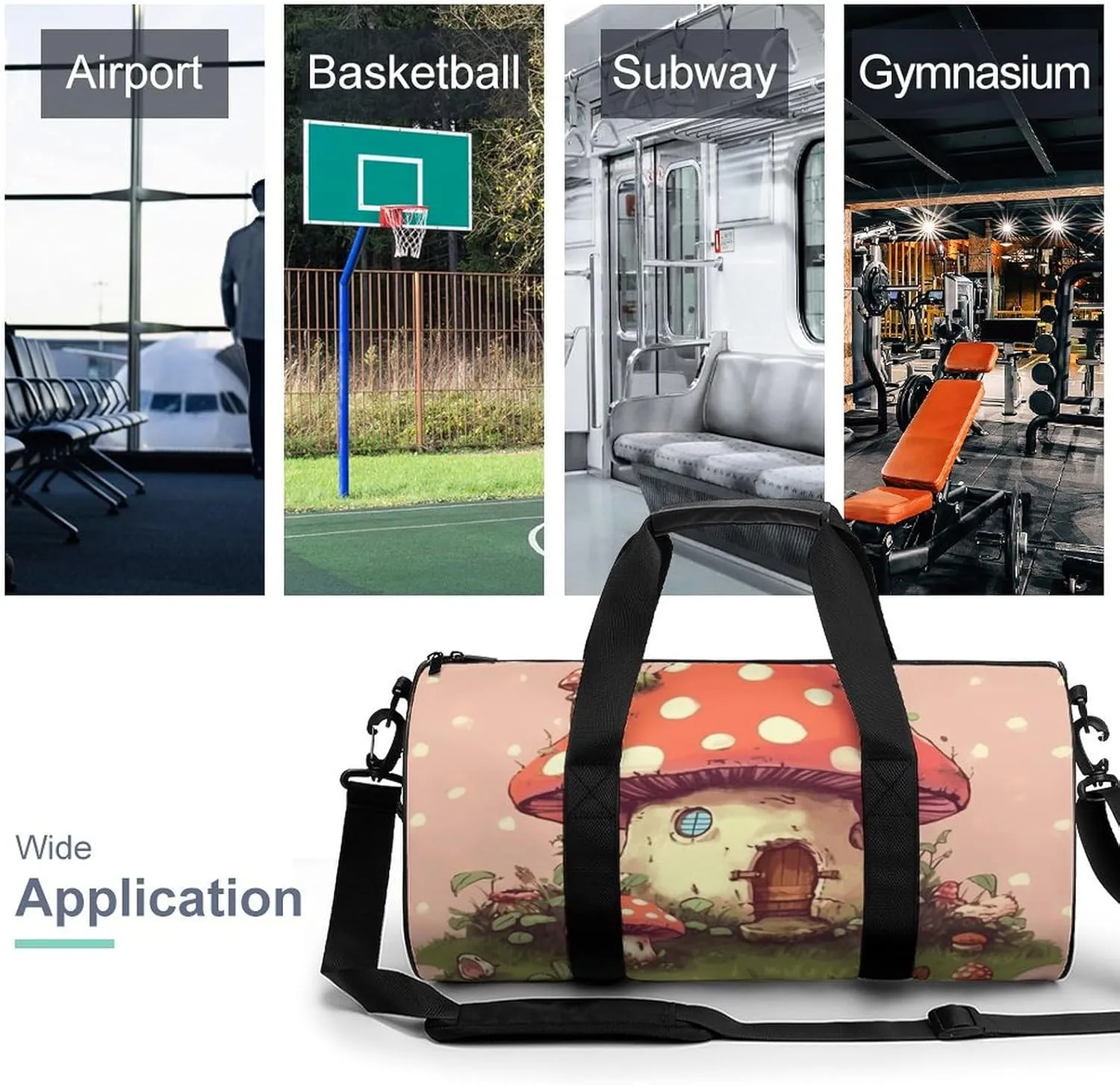 Gym Bag for Men Women Cute Mushroom House Duffel Bag Overnight Bag with Compartment Gym Sackpac