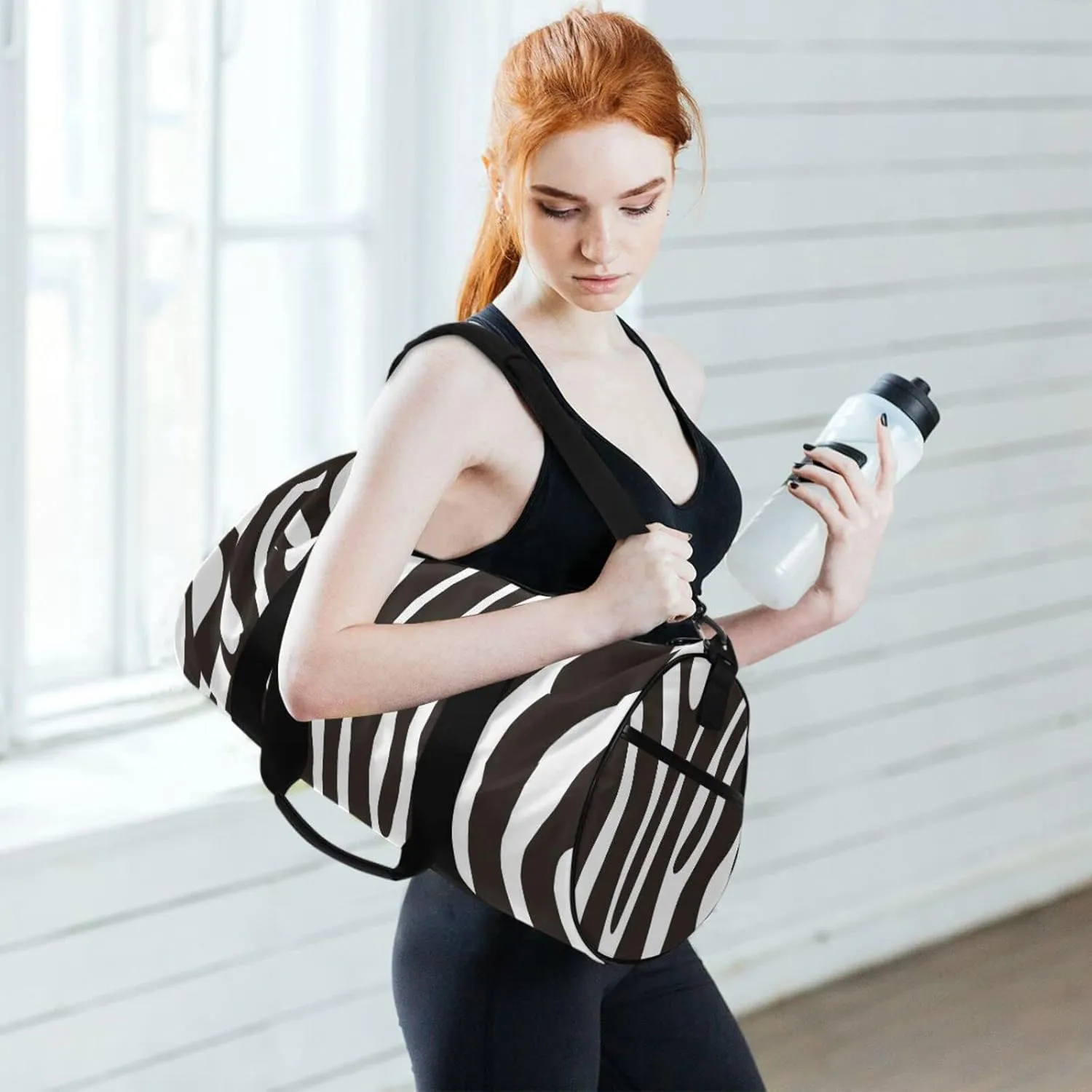 Gym Bag for Women and Men Small Duffel Bag for Sports Travel Weekender Overnight Vacation Beach Lightweight Carry on Bag for Boys Girls Black and White Zebra Pattern