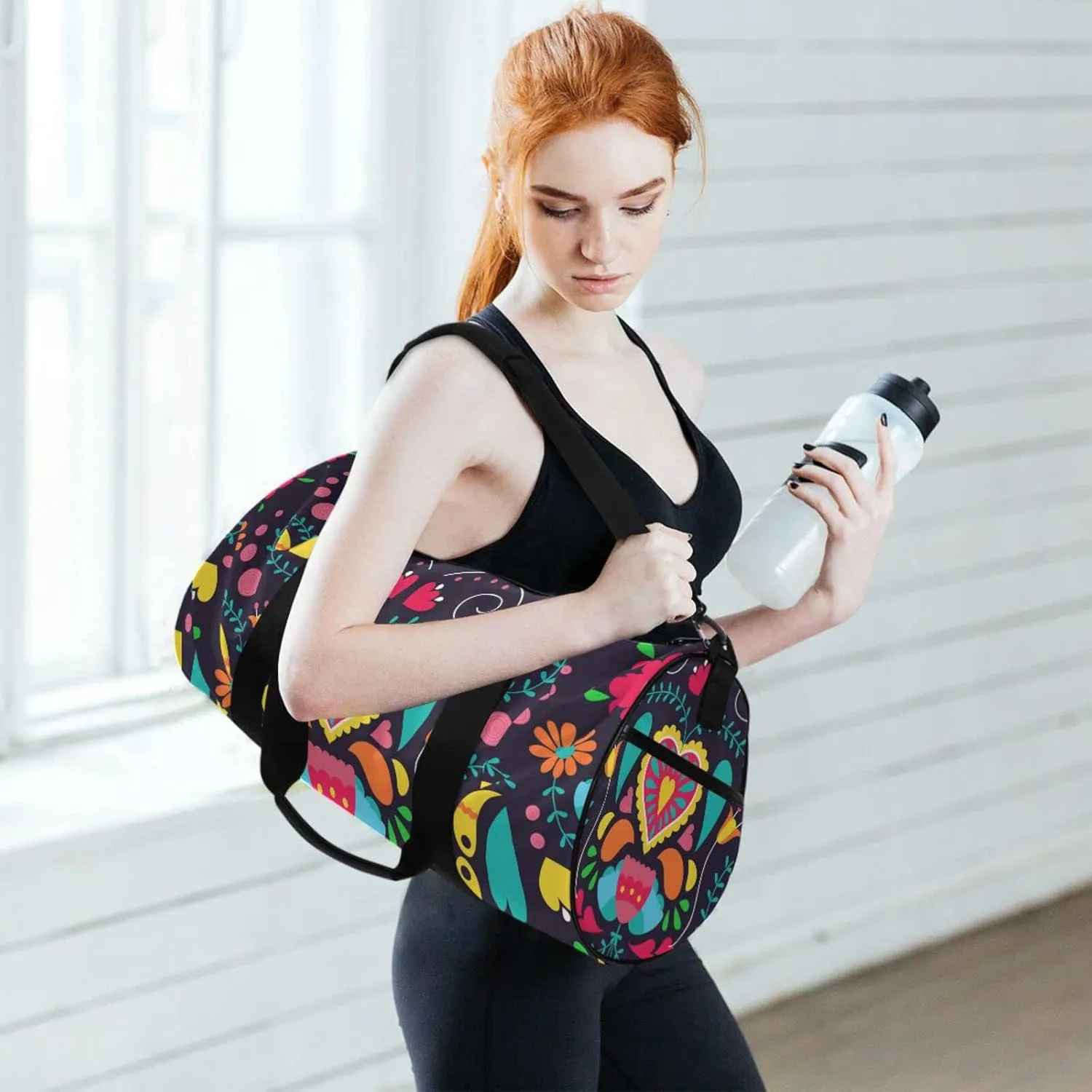 Gym Bag for Women and Men Small Duffel Bag for Sports Travel Weekender Overnight Vacation Beach Lightweight Carry on Bag for Boys Girls Floral Black