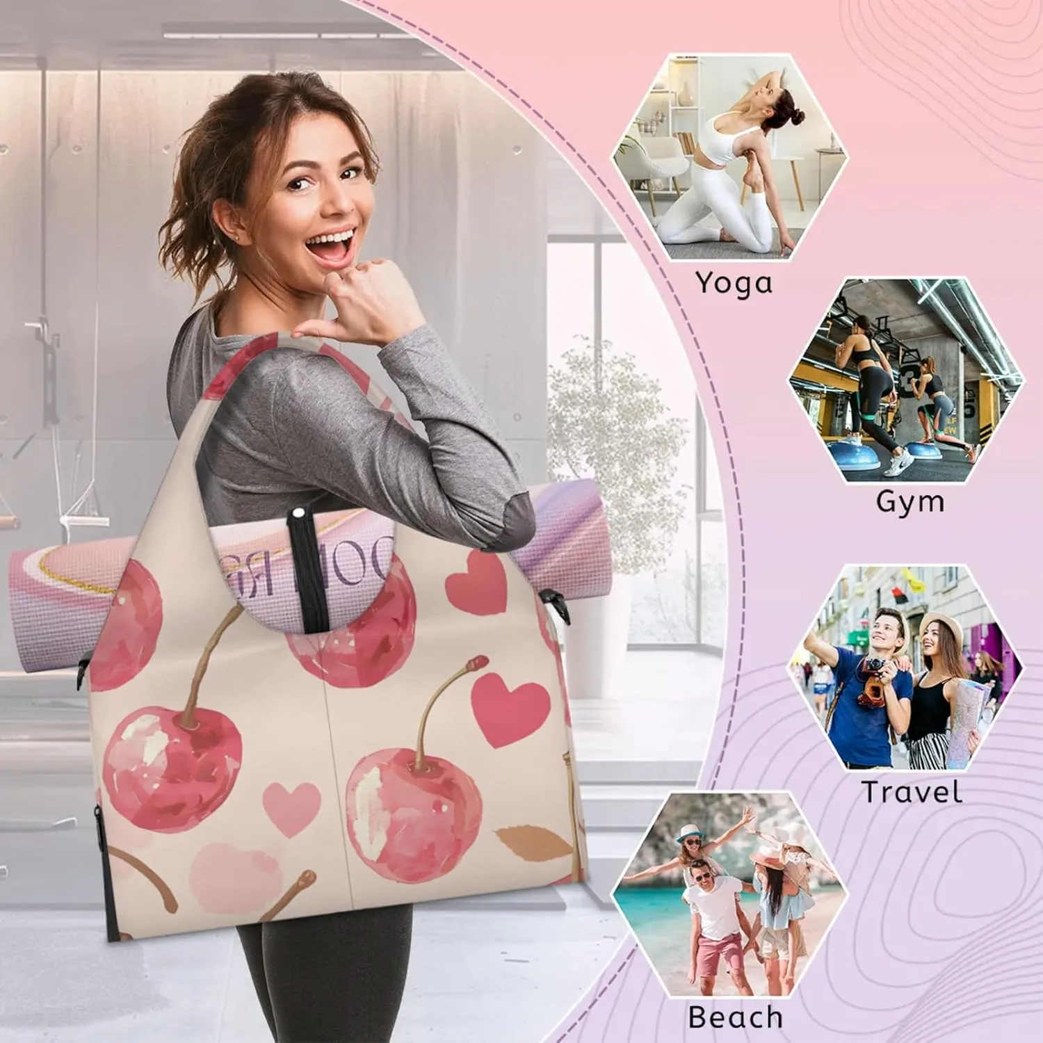 Gym Bag for Women Cherry Hearts Duffel Bag with Shoe Compartment and Yoga Mat Holder Portable Weekender Bags Travel Tote Bags