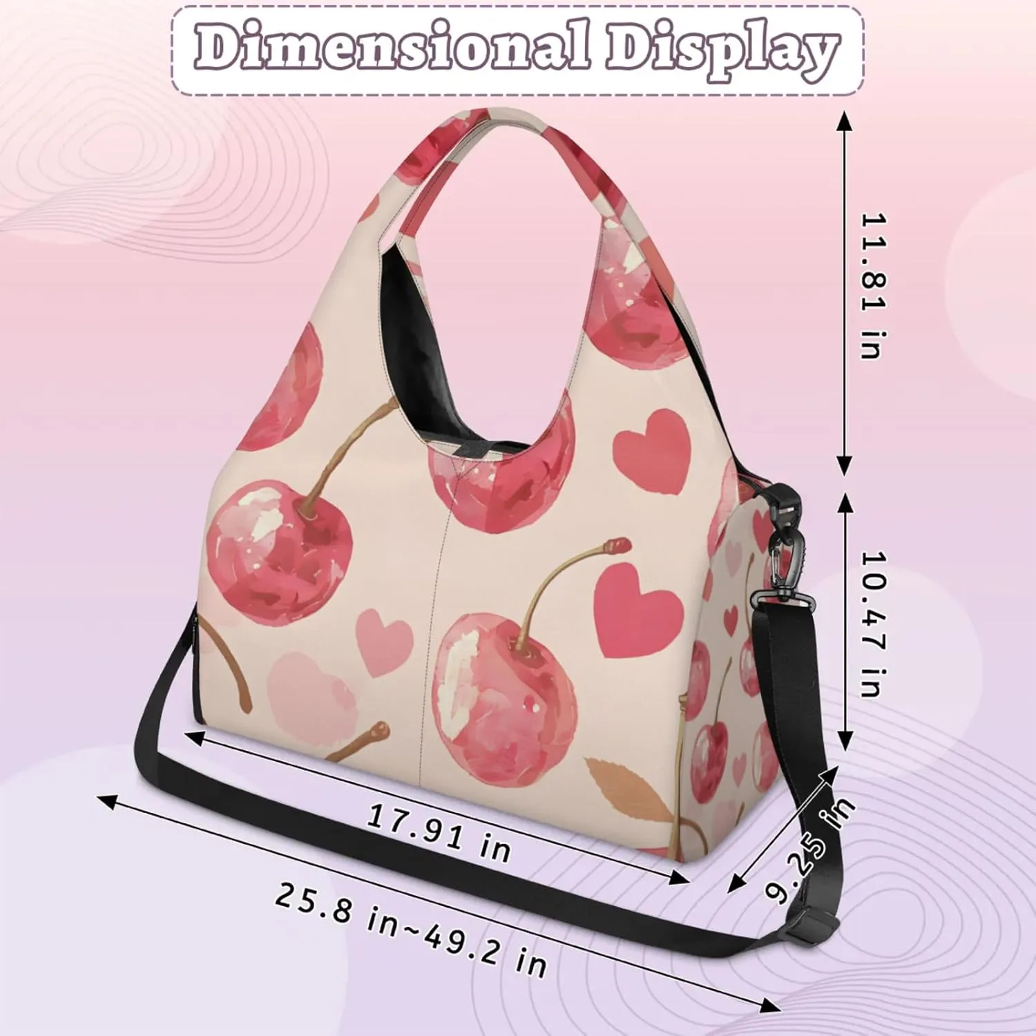 Gym Bag for Women Cherry Hearts Duffel Bag with Shoe Compartment and Yoga Mat Holder Portable Weekender Bags Travel Tote Bags