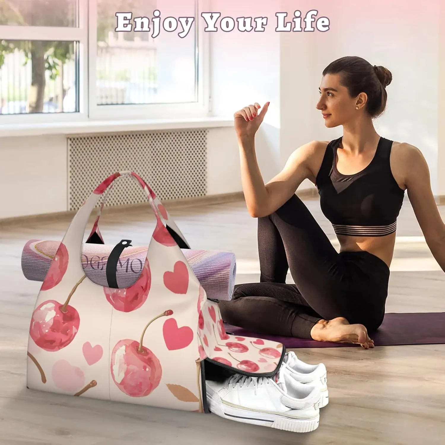 Gym Bag for Women Cherry Hearts Duffel Bag with Shoe Compartment and Yoga Mat Holder Portable Weekender Bags Travel Tote Bags
