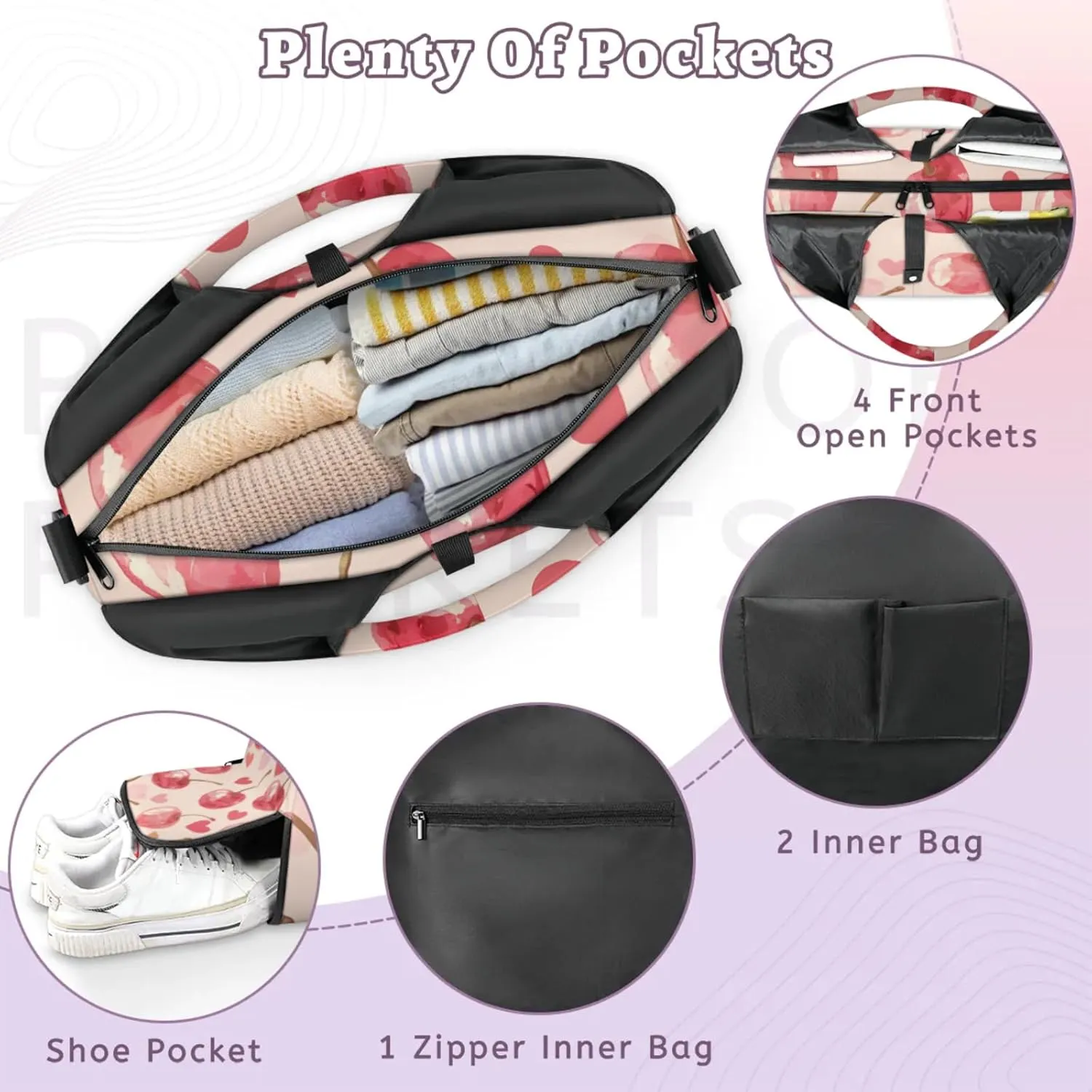 Gym Bag for Women Cherry Hearts Duffel Bag with Shoe Compartment and Yoga Mat Holder Portable Weekender Bags Travel Tote Bags
