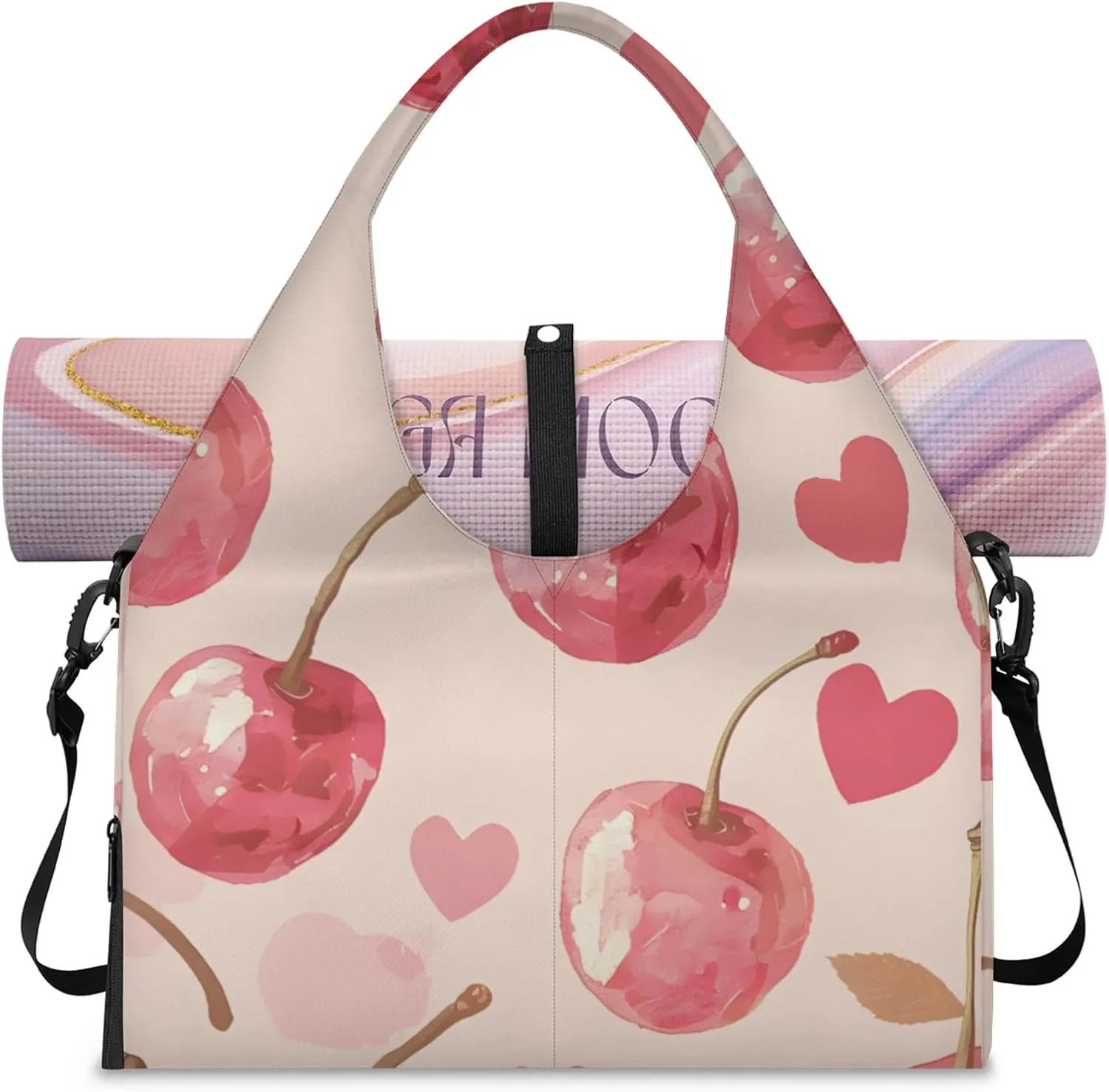 Gym Bag for Women Cherry Hearts Duffel Bag with Shoe Compartment and Yoga Mat Holder Portable Weekender Bags Travel Tote Bags
