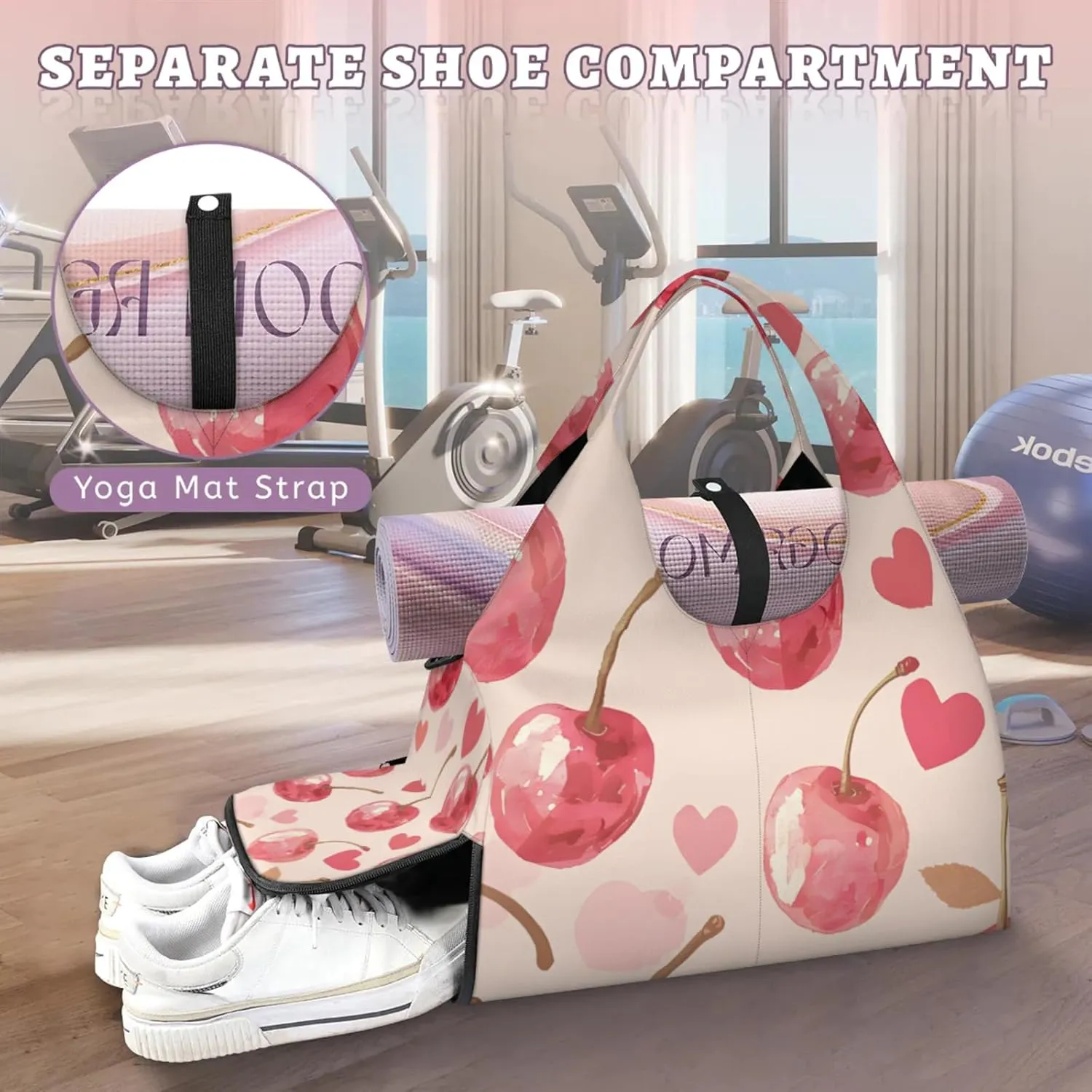 Gym Bag for Women Cherry Hearts Duffel Bag with Shoe Compartment and Yoga Mat Holder Portable Weekender Bags Travel Tote Bags
