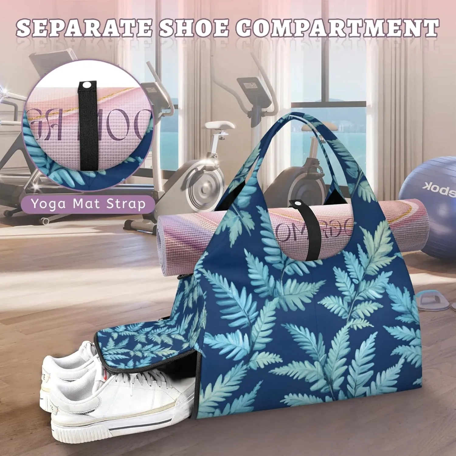 Gym Bag for Women Fern Leaves Theme Duffel Bag with Shoe Compartment and Yoga Mat Holder Portable Weekender Bags Travel Tote Bags