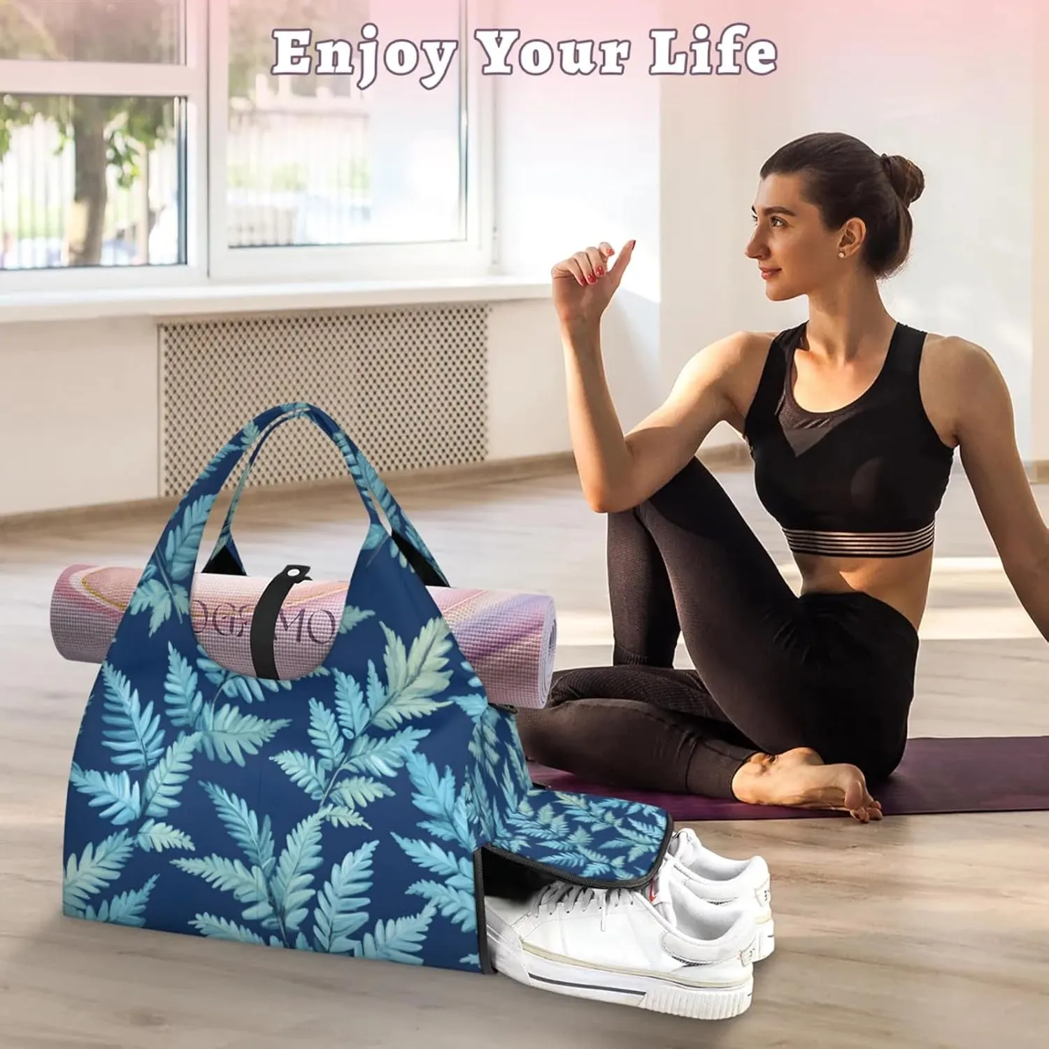 Gym Bag for Women Fern Leaves Theme Duffel Bag with Shoe Compartment and Yoga Mat Holder Portable Weekender Bags Travel Tote Bags