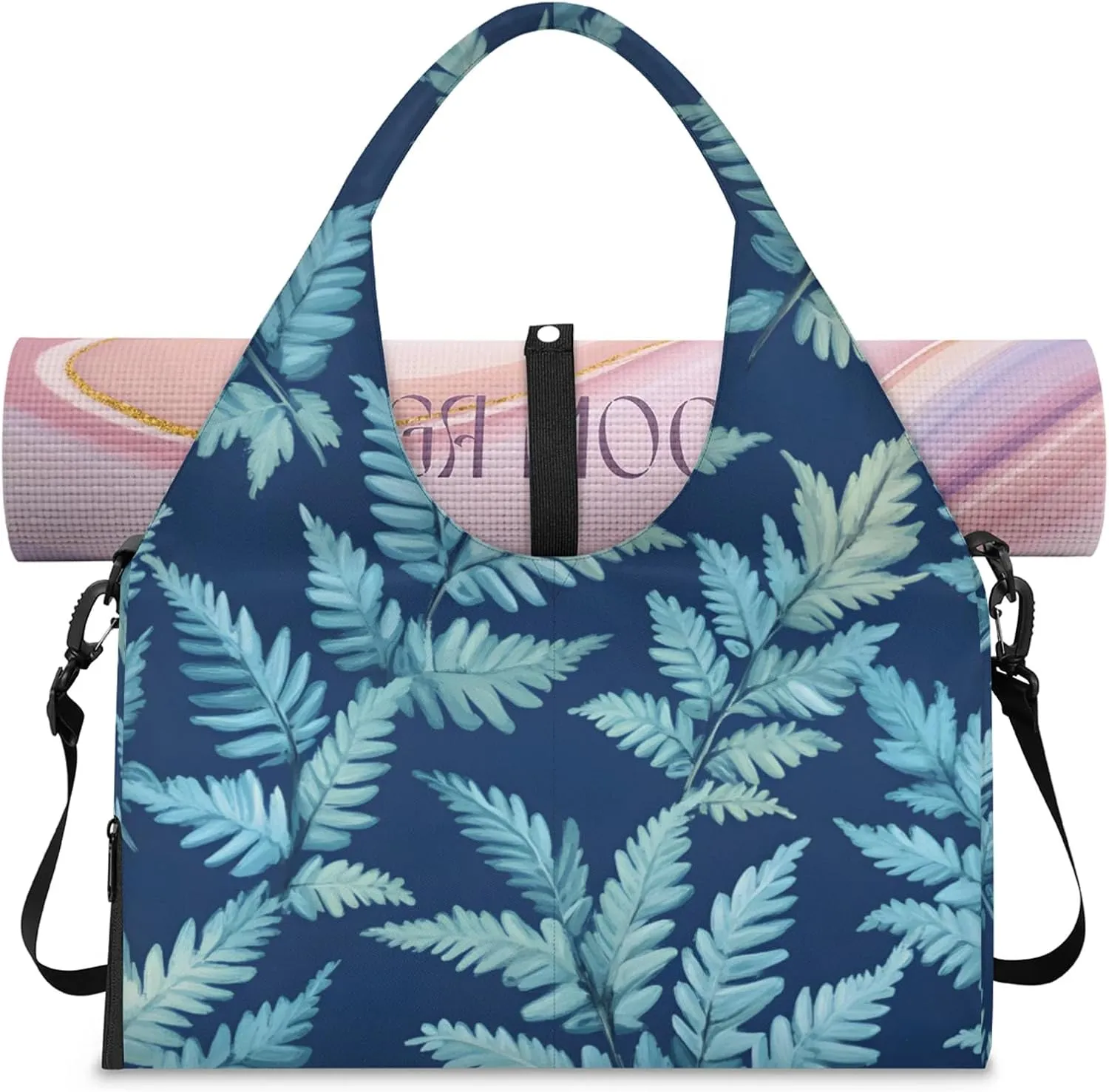 Gym Bag for Women Fern Leaves Theme Duffel Bag with Shoe Compartment and Yoga Mat Holder Portable Weekender Bags Travel Tote Bags